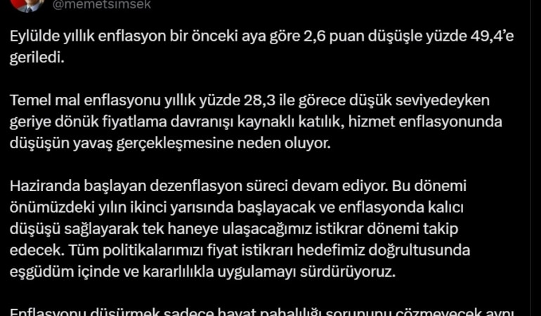 Bakan Şimşek: Haziranda başlayan dezenflasyon süreci devam ediyor