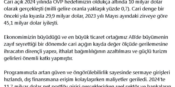 Bakan Şimşek: Cari açık OVP hedeflerinin oldukça altında gerçekleşti