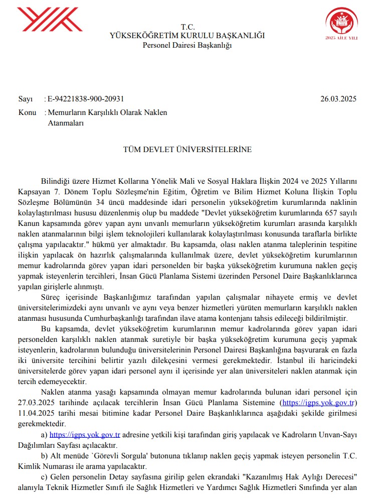 Devlet Üniversitelerinde İdari Personel Karşılıklı Nakil Süreci Resmen Başladı (resim 3) – saglikhaberi.net