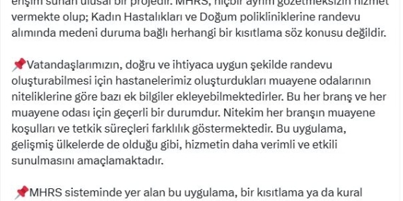 Sağlık Bakanlığı: MHRS, medeni duruma göre kısıtlama içermiyor