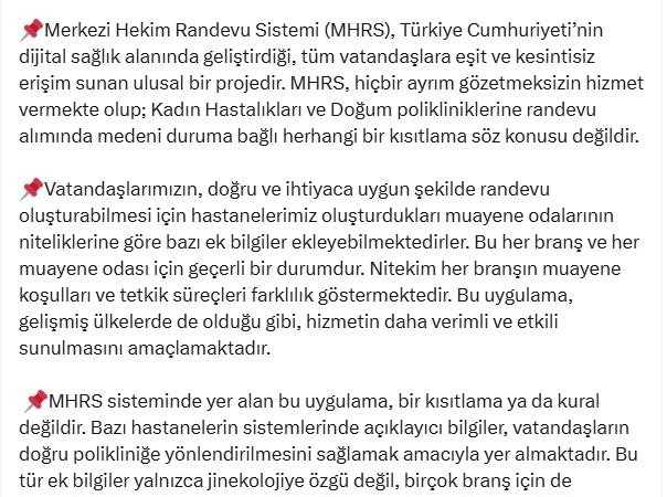 Sağlık Bakanlığı: MHRS, medeni duruma göre kısıtlama içermiyor